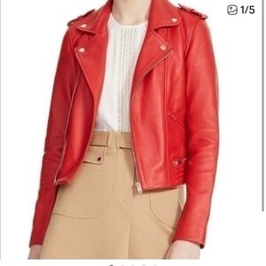 Maje Red Leather Moto Jacket - Women's Stylish Biker Coat